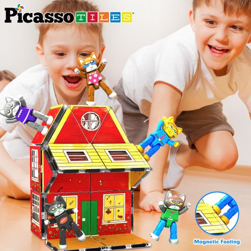 PicassoTiles Magnetic Figures 6 Pete the Cat Family Animal Action Character Toddler Toys Magnet Expansion Pack Building Blocks Add-on Educational STEM Learning Kit Construction Brain Development Tiles