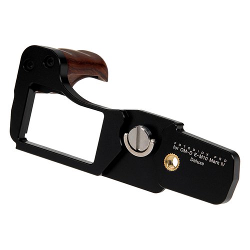Deluxe Metal Camera Hand Grip for Olympus OM-D E-M10 Mark IV MILC MFT Camera with Wooden Accent and Battery Access