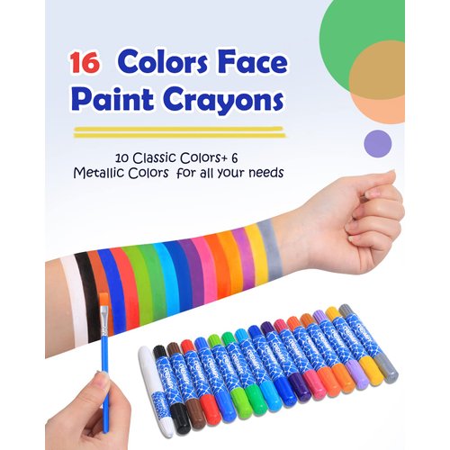 Creamify Face Painting Kits for Kids - 16 Colors Twistable Face Paint Marker Sticks with 2 Brushes, Washable Face Paint Crayons Kit, Birthday, Halloween, Cosplay Makeup and Body Paints for Children Adults