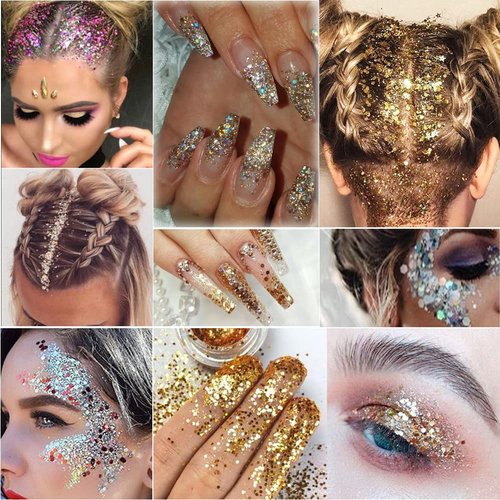 Holographic Nail Art Glitters Gold Silver Nail Sequins 3D Laser Acrylic Nails Powder Dust Flakes Nail Art Supplies for Nails Art Decoration Nail Sparkle Manicure Accessories Glitters Crafts 5 Boxes