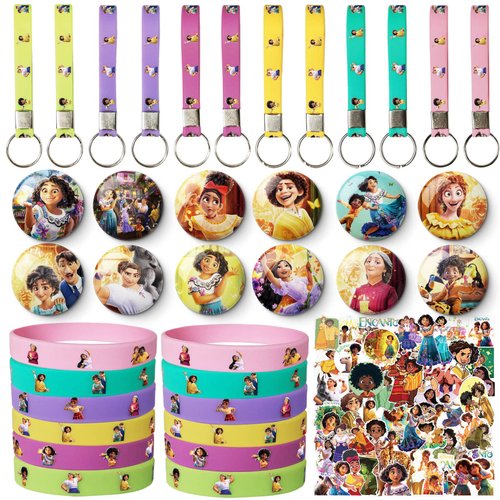 HOOHO Encanto Party Favors, 84pcs Encanto Birthday Party Supplies Include Button Pins, Key Chain, Silicone Bracelet, Stickers, Encanto Party Decorations Party Gift HOOHOY15-1