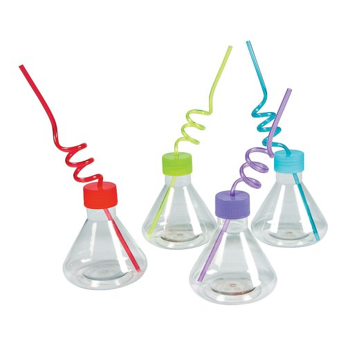 Fun Express 8 Pieces Science Party Beaker Cups with Straws, Holds 8 oz, BPA Free Plastic, Reusable for Laboratory Party Supplies, Multi-Color