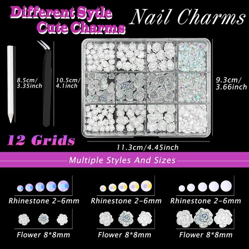 3D Flower Charms for Nails Cute Rose Flowers Nail Charms and Nails Rhinestones Charms,for Manicure DIY Nail Art Design Jewelry Decoration