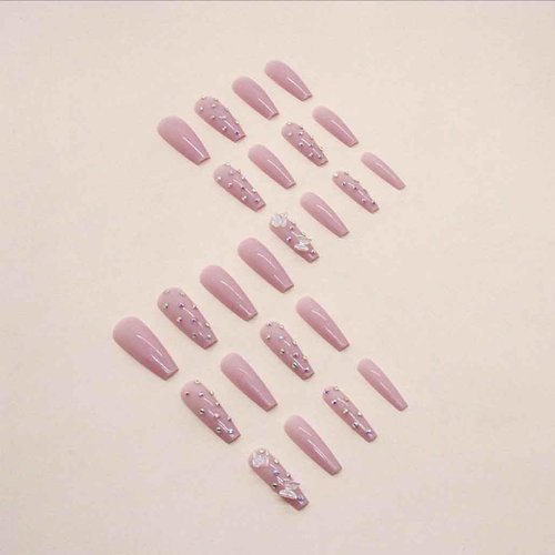 Foccna Coffin Press on Nails Long, Pink Fake Nails Acrylic Crystal False Nails,Artificial Nails for Women and Girls,24 pcs
