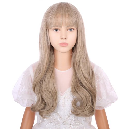 WAVELNM Kids Blonde Wig with Bangs Ash Blonde Child Wig Girls Long Wavy Curly Dirty Blonde Wig for Kids Synthetic Wigs with Wig Cap