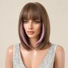 Tumhorn Short Straight Brown Wigs Synthetic Pink Highlights Bob Wigs for Women Heat Resistant Natural Looking Wig with Bangs