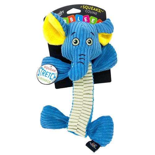 Spunky pup Wibbleez Dog Toy | Stretchy Nylon Webbing with Plush Squeaker Head and Crinkle Ends | Durable Tug Toy for All Breeds / Assorted Colors Green/Gator, Blue/Elephant, Orange/Monkey