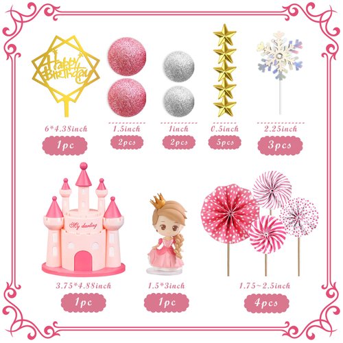 19PCS Princess Cake Topper Castle Cake Decoration for Girl with Snowflake and Stars for Girl Kid Happy Birthday Party Decorations Princess Baby Shower Supplies (Pink)
