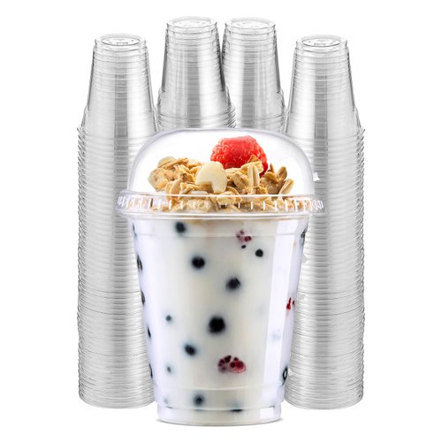 Green Direct Clear Cups With Lids / 8 oz. Clear Plastic Cups with Lids/Clear Disposable Cups/Ice coffee cups & Bubble Boba Tea Cups/Cup with Lid for Cold Drinking & Smoothie Pack of 100