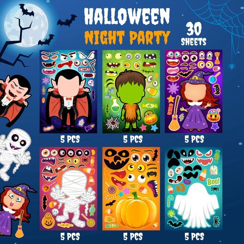 Halloween Stickers, Halloween Stickers for Kids, 30 Packs Halloween Make a Face Sticker Sheets, Halloween Crafts Party Favors for Kids, Halloween Games for Kids Party