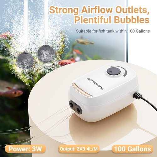 MoonOrange 3W Aquarium Air Pump, Adjustable Aquarium Aerator with 2-Outlet, Super-Powerful & Quiet Oxygen Pump for Fish Tanks up to 100 Gallon with Full Accessories.(Upgrade Noise-Reduce)