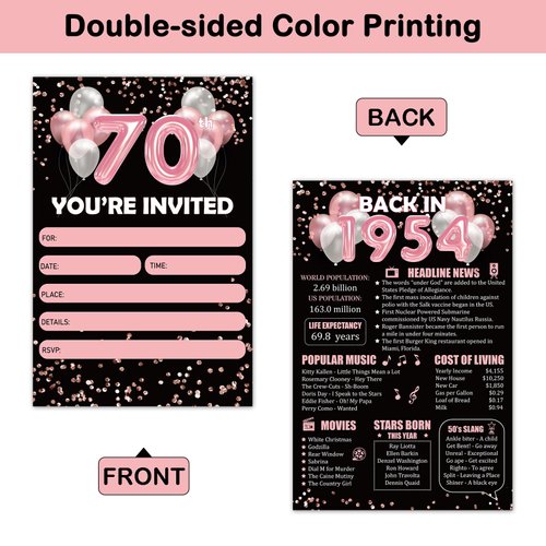 REWIDPARTY Rose Gold 70th Birthday Invitation Cards with Envelopes & Stickers（Set of 15） Back in 1954 Fill in Invitations Happy 70th Birthday Invites 70 Years Old Birthday Party Supplies for Adults