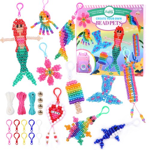 Bead Pets, 10 PCS Pony Beads Keychain Making Kit with Instruction, Keyring & Key Clasp, DIY Keychain Kit Ultimate Bead Pets Create Your Own Backpack Keychain Kit, Bead Art Crafts for Beginners