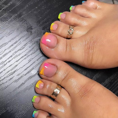 24Pcs French Toe Nail Press ons Pink Press on Toenails for Women Short Square Fake Toenails with Colorful French Tip Design Fake Toe Nails Acrylic Nails Summer Manicure Glossy Toenail Press on Nails