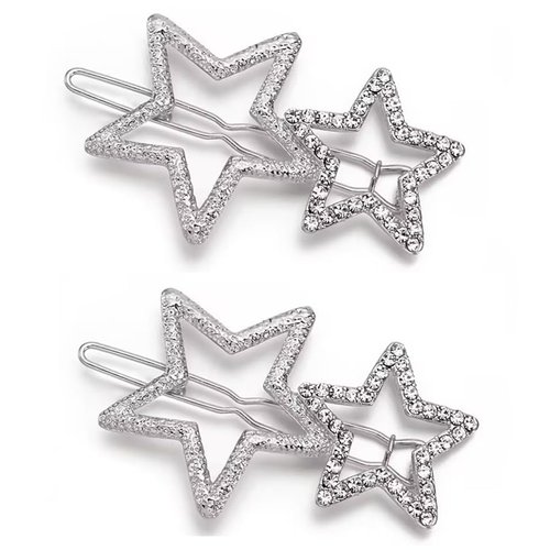 2Pcs Silver Hollow Star Hair Clips, Non-Slip Metal Geometric Hairpin, Elegant Rhinestone Hair Barrettes for Women Lady Girls Styling Hair Accessories Clips and Barrettes