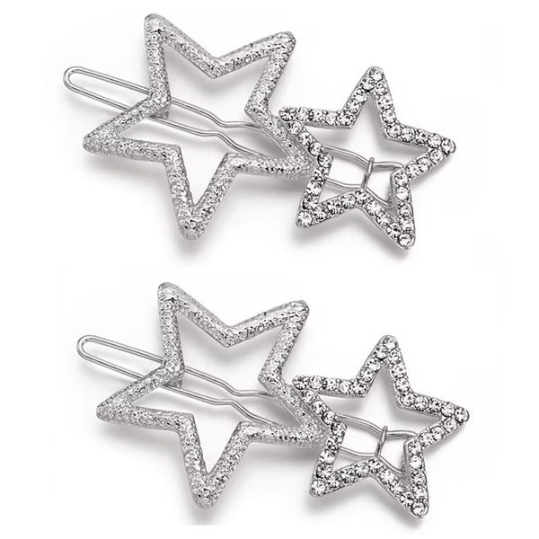 2Pcs Silver Hollow Star Hair Clips, Non-Slip Metal Geometric Hairpin, Elegant Rhinestone Hair Barrettes for Women Lady Girls Styling Hair Accessories Clips and Barrettes