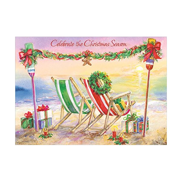 Designer Greetings Beach Chairs and Garland Box of 18 Warm Weather Christmas Cards