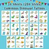 Partywind 204 Styles Glow Dinosaur Party Supplies, 34 Sheets Dinosaur Temporary Tattoos for Kids Goodie Bag Stuffers, Glow Dinosaur Tattoos for the Dark Party Decorations