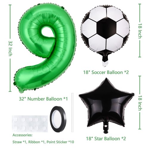 Soccer Balloons 9th Birthday Decorations for Boy, Soccer Birthday Party Balloons World Cup Soccer Sports Theme Party Decorations Supplies Favors Anniversary Decor 32in Foil Mylar Green 9 Balloon