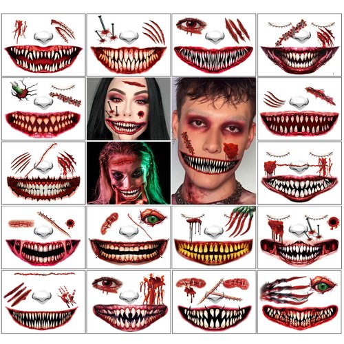 HOSAILY 34PCS Halloween Temporary Tattoo Stickers 3D Scars Horror Scary Big Mouth Face Tattoo Decals Wound Blood Prank Clown Halloween Decor Prank Props Cosplay Party Makeup