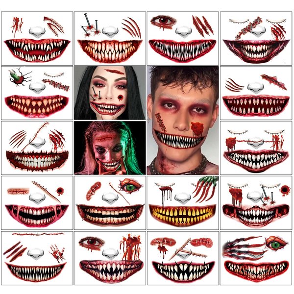 HOSAILY 34PCS Halloween Temporary Tattoo Stickers 3D Scars Horror Scary Big Mouth Face Tattoo Decals Wound Blood Prank Clown Halloween Decor Prank Props Cosplay Party Makeup