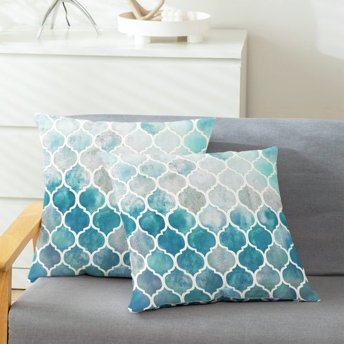 CaliTime Throw Pillow Covers Pack of 2 Cozy Colorful Geometric Trellis Chain Accents Manual Hand Painted Cushion Cases for Couch Bed Sofa Farmhouse Decorative 18 X 18 Inches Main Grey Teal