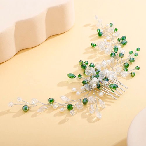 Teyglen Crystal Rhinestones Bride Wedding Hair Comb Headband Green Crystals Bridal Side Hair Combs Hair Pieces Vintage Headpieces Hair Accessories for Women Bride Girls