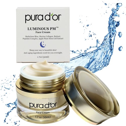 PURA D'OR 1.7 Oz Luminous PM Face Cream - Methylene Blue, Marine Collagen, Retinol, Peptides, Apple Stem Cell Extract - Anti-Aging Nighttime Moisturizer - Overnight Facial Treatment For Women & Men