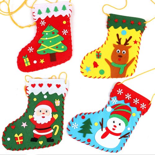 WANDIC Bag Craft Kit, 4 Kits Christmas Sock-Shape Bag Craft Kits Children Sewing Kit for Kids DIY Candy Gift Bag Decoration Projects or Preschool Craft