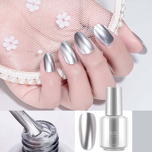 U-Shinein Mirror Silver, Platinum Glitter Shiny Style Sparkle Glitter Nail Polish for DIY or Professional Nail Art Manicure 8ml