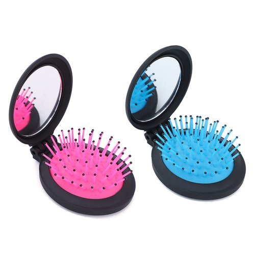 Folding Travel Mirror Hair Brushes Portable Wet Magic Mini Pop Up Hair brush Pocket Comb For Women … (Mirror brush, Pink+Blue)