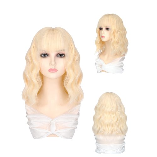 Short Wavy Bob Wig with Air Bangs Short Blonde Wigs for Women Synthetic Curly Wave Wigs for Daily Party Use Shoulder Length Bob Wig