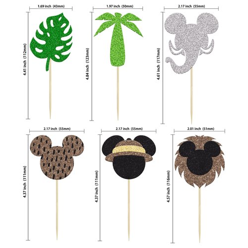 Gyufise 24Pcs Mouse Safari Cupcake Toppers Glitter Jungle Leaves Cupcake Picks Cute Animal Safari Cake Decorations Baby Shower Kids Birthday Micky Theme Party Supplies