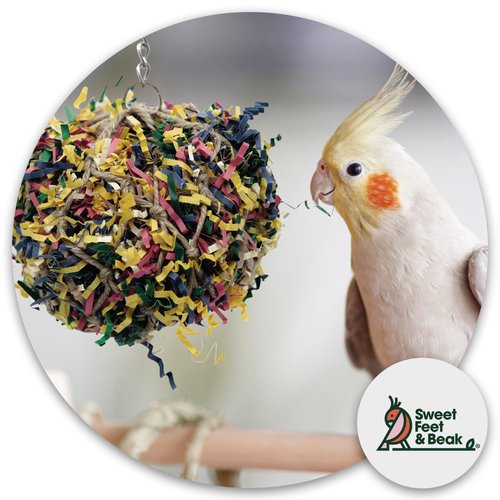 3” Super Shredder Ball Bird Toy - Fun Foraging Toys for Birds w/Colorful Paper & Wooden Treasures - Easy to Hang Shredding Toys for Birds - Bird Shredding Toys for Cockatiels, Parrots & More