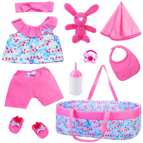 Ecore Fun 10 Pcs Baby Doll Clothes with Bassinet for 17-22 Inch Baby Dolls, Baby Doll Clothing Outfis Accessories fit 17"-22" Baby Doll Reborn Doll