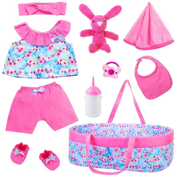 Ecore Fun 10 Pcs Baby Doll Clothes with Bassinet for 17-22 Inch Baby Dolls, Baby Doll Clothing Outfis Accessories fit 17"-22" Baby Doll Reborn Doll