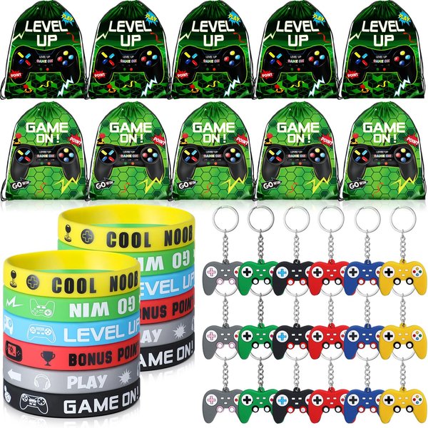 Nosiny 72PCS Video Game Party Favors Birthday Include 24 Video Game Goodie Drawstring Bags 24 Silicone Bracelet 24 Controller Keychain for Kids for Party Supplies (Green, Vivid)