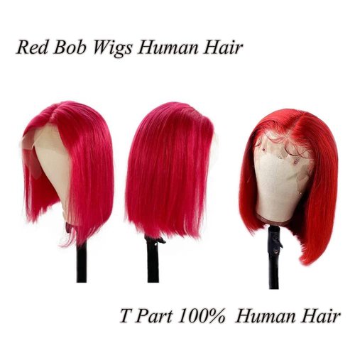 Red Bob Lace Front Wigs Human Hair Pre-Plucked Short Cut Bob Wigs for Black Women Bleach Knots Middle Part with Baby Hair Glueness Natural Hairline 13X4X1 T Part Bob Lace Front Wigs 8Inch 180% Density