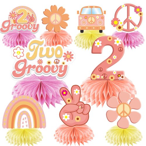 Two Groovy Party Decorations Table Honeycomb Centerpieces for Girls, 9 Pcs Groovy Birthday Theme Table Topper Party Supplies, 60s Retro Hippie Boho Party Decor 2nd Birthday Supplies