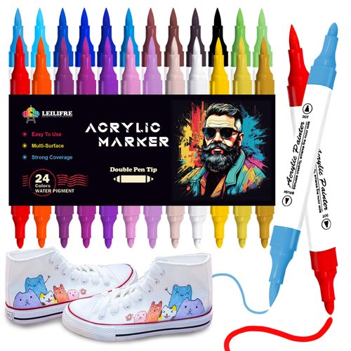 Fabric Acrylic Paint Markers for clothes, 24 Color Dual-tip Prenium Paint Markers, Acrylic Coloring Paint Pens for Shoes T-shirt Clothing and Canvas Tote Bags, Non Toxic Ink for Kids and Adults