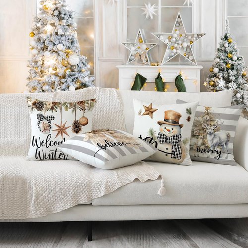 Artmag Christmas Pillow Covers 16x16 inch Set of 4 Snowman Gloves Welcome Winter Grey White Strip Christmas Throw Pillow Covers Winter Farmhouse Decoration for Home