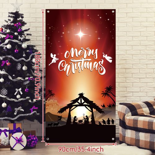 Christmas Nativity Door Cover Decoration Jesus Holy Night Christmas Fabric Door Cover Porch Sign Nativity Scene Religious Orange Red Front Door Hanging Banner Backdrop for Holiday Christmas 71x35inch
