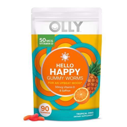 OLLY Hello Happy Gummy Worms, Mood Balance Support, Vitamin D, Saffron, Adult Chewable Supplement...