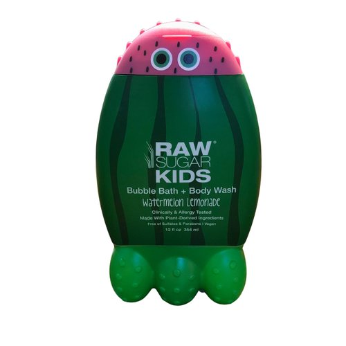 RAW SUGAR Kids Bubble Bath and Body Wash Bundle: 2 Watermelon Lemonade (12 oz. ea.) + Pink Loofah
