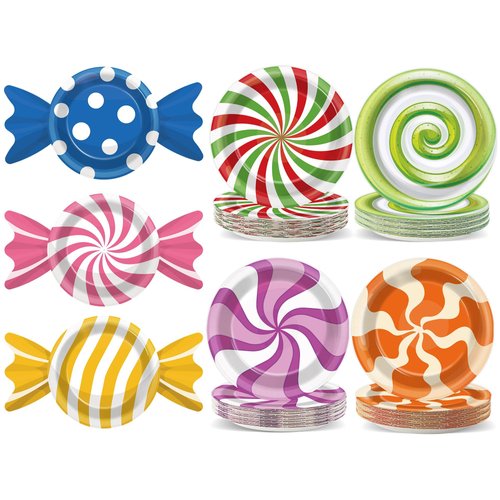 70PCS Christmas Peppermint Candy Paper Plates Candyland Party Decorations Candy Disposable Plates Colorful Lollipop Sweet Candy Dessert Plates for Candyland Holiday Xmas Birthday Baby Shower Party