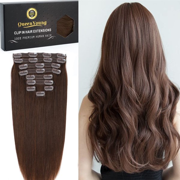 QueenYoung Clip in Hair Extensions Real Human Hair 9pcs 130g Dark Brown Hair Extensions Straight Natural Soft Human Hair Extensions Thick Remy Straight Clip in Hair Extension 20inch Dark Brown