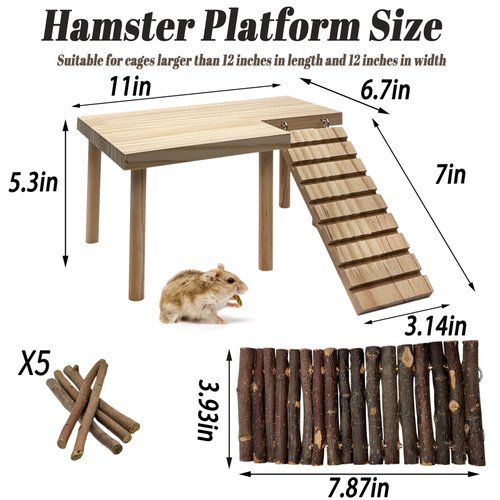 Wooden Hamster Platform with Legs, Small Syrian Hamsters Climbing Platforms with Ramp Kit Wood Ladder Bridge Rat Playing Toy Standing Table Gerbil Cage Accessories