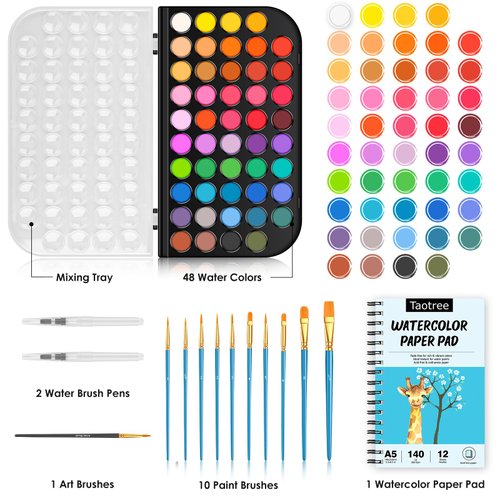 Watercolor Paint Set, 48 Colors Watercolors Painting Kit Washable Water Colors with 10 Paint Brushes, Brush Pen, Palette, Drawing Pad, Arts Crafts Painting Supplies Art Set for Kids Adults Artist