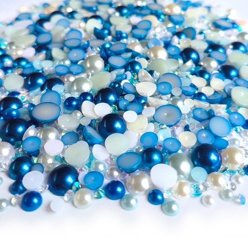 Euddty 50g Flatback Pearls and AB Rhinestones Set Half Pearls for Crafts Mixed Size 3mm-10mm Flat Back Pearl for Nail Art and Crafts and Decoration (Blue Series)