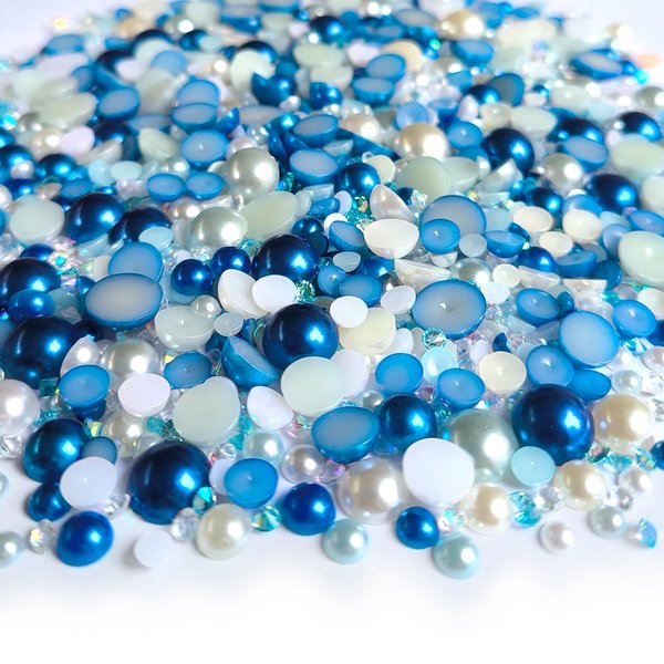 Euddty 50g Flatback Pearls and AB Rhinestones Set Half Pearls for Crafts Mixed Size 3mm-10mm Flat Back Pearl for Nail Art and Crafts and Decoration (Blue Series)